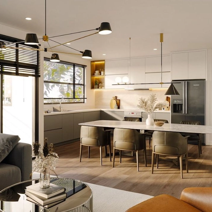 Vista del render de la sala u comedor de uno de los departamentos del proyecto Villa Venetto en Conocoto, comercializado por Huasipichai.